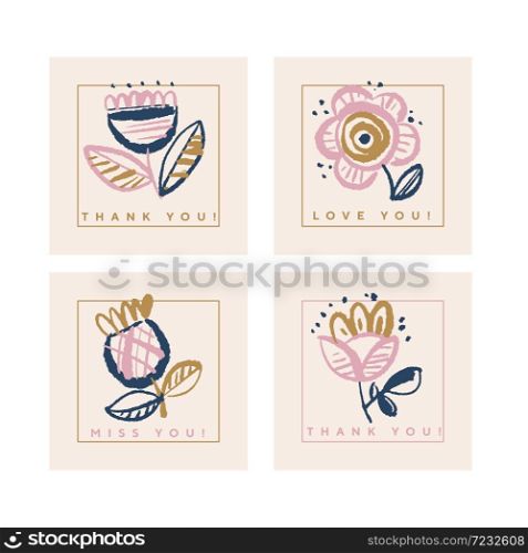 Pale nude rose color floral design element for web banners, posters, cards, wallpapers, backdrops, panels. Naive folk style card set in rustic sketch style.