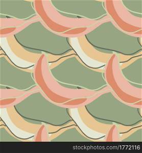 Pale pink and orange contoured banana shapes seamless pattern. Pastel green background. Vegeterian food print. Perfect for fabric design, textile print, wrapping, cover. Vector illustration.. Pale pink and orange contoured banana shapes seamless pattern. Pastel green background. Vegeterian food print.