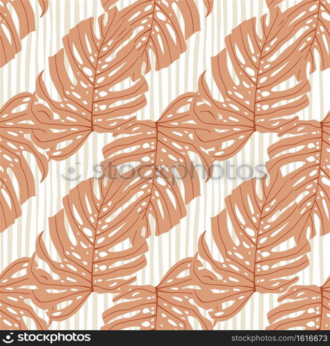 Pale pink monstera foliage silhouettes seamless pattern with light striped background. Decorative backdrop for wallpaper, textile, wrapping paper, fabric print. Vector illustration.. Pale pink monstera foliage silhouettes seamless pattern with light striped background.