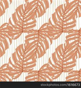 Pale pink monstera foliage silhouettes seamless pattern with light striped background. Decorative backdrop for wallpaper, textile, wrapping paper, fabric print. Vector illustration.. Pale pink monstera foliage silhouettes seamless pattern with light striped background.