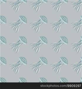 Pale seamless doodle pattern with jellyfish ornament. Light blue undersea shapes on grey background. Marine artwork. Designed for wallpaper, textile, wrapping paper, fabric print. Vector illustration.. Pale seamless doodle pattern with jellyfish ornament. Light blue undersea shapes on grey background. Marine artwork.