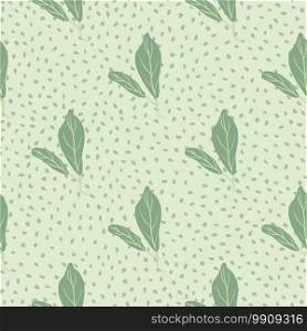 Pale seamless doodle pattern with leaves simple silhouettes. Green floral nature print on grey dotted background. Perfect for wallpaper, textile, wrapping paper, fabric print. Vector illustration.. Pale seamless doodle pattern with leaves simple silhouettes. Green floral nature print on grey dotted background.