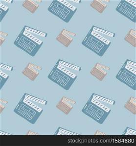 Pale seamless pattern with beige and blue clapperboards. Light blue background. Stylized cinema artwork. Decorative backdrop for wallpaper, textile, wrapping paper, fabric print. Vector illustration.. Pale seamless pattern with beige and blue clapperboards. Light blue background. Stylized cinema artwork.