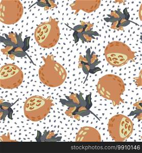 Pale seamless pattern with orange and blue ganet and branches print. White dotted background. Fruit simple backdrop. Great for fabric design, textile print, wrapping, cover. Vector illustration.. Pale seamless pattern with orange and blue ganet and branches print. White dotted background. Fruit simple backdrop.