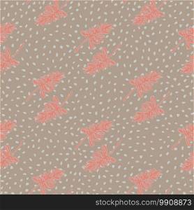 Pale seamless pattern with simple branch figures. Pink little ornament on beige dotted background. Decorative backdrop for wallpaper, textile, wrapping paper, fabric print. Vector illustration.. Pale seamless pattern with simple branch figures. Pink little ornament on beige dotted background.