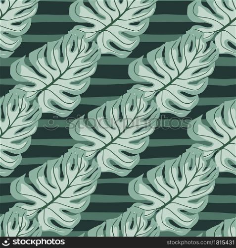 Pale tones seamless pattern with blue monstera leaves shapes. Green striped background. Decorative backdrop for fabric design, textile print, wrapping, cover. Vector illustration.. Pale tones seamless pattern with blue monstera leaves shapes. Green striped background.