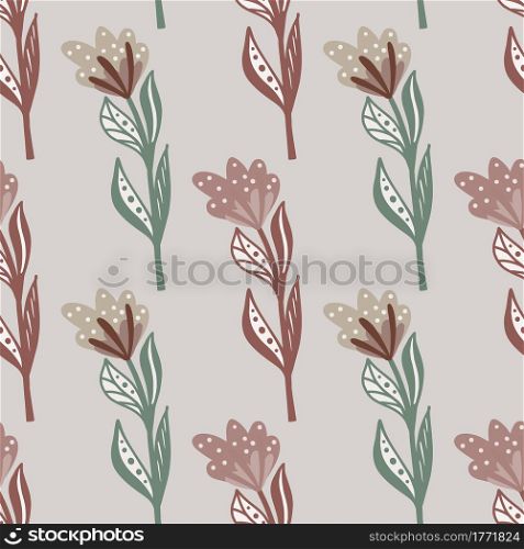Pale tones seamless pattern with pink and green contoured simple flower shapes. Grey background. Botany style. Designed for fabric design, textile print, wrapping, cover. Vector illustration.. Pale tones seamless pattern with pink and green contoured simple flower shapes. Grey background. Botany style.