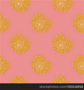 Pale tones seamless pattern with wild nature yellow water lily ornament. Pink background. Lake nature print. Designed for fabric design, textile print, wrapping, cover. Vector illustration. Pale tones seamless pattern with wild nature yellow water lily ornament. Pink background. Lake nature print.