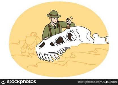 Paleontologist study dinosaur remains at archeology site. Man scientist working with old animal excavations. Paleontology and scientist. Vector illustration.. Paleontologist working with dinosaur fossils