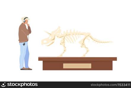 Paleontology exhibition male visitor flat color vector faceless characters. Audio tour for excursion. Dinosaur skeleton showcase isolated cartoon illustration for web graphic design and animation. Paleontology exhibition male visitor flat color vector faceless characters