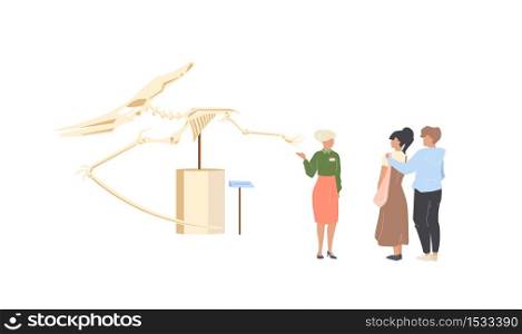 Paleontology museum tourist flat color vector faceless characters. People look at dinosaur skeleton. Prehistoric fossil exposition isolated cartoon illustration for web graphic design and animation. Paleontology museum tourist flat color vector faceless characters