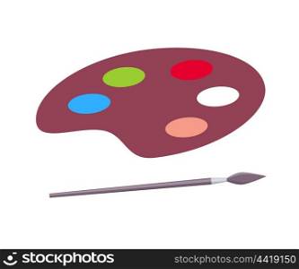 Palette for Paints and Paintbrush Vector Poster. Minimalistic vector illustration of arts supplies namely deep-brown palette with colorful paints and special paintbrush isolated on white background.