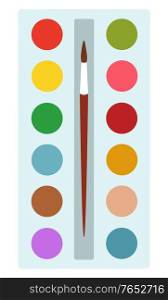 Palette of colors for painting with tassel, brash and pencil vector for drawing paintings. Contains shades red and yellow green and blue, brown and violet. Equipment for watercolor paint. Flat cartoon. Painting Colorful Palette with Tassel and Pencil