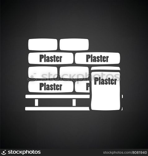 Palette with plaster bags icon. Black background with white. Vector illustration.