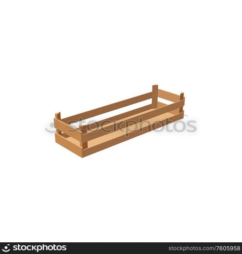 Pallet or tray isolated wooden crate side view. Vector empty wood box used in shipping goods. Empty pallet or crate of planks isolated timber
