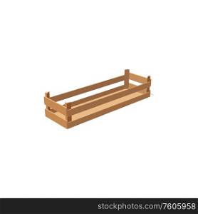 Pallet or tray isolated wooden crate side view. Vector empty wood box used in shipping goods. Empty pallet or crate of planks isolated timber