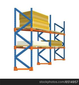 Pallet with Boxes in Warehouse Interior. Delivery. Pallet with boxes in warehouse interior. Shelves for goods. Logistic and factory. Business delivery. Delivering cargo into storage. Boxes, industrial storehouse, distribution and shelf. Vector