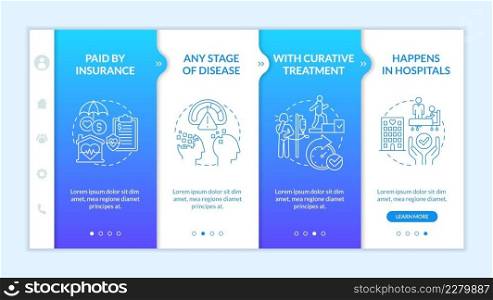 Palliative care characteristics blue gradient onboarding template. Responsive mobile website with linear concept icons. Web page walkthrough 4 step screens. Lato-Bold, Regular fonts used. Palliative care characteristics blue gradient onboarding template
