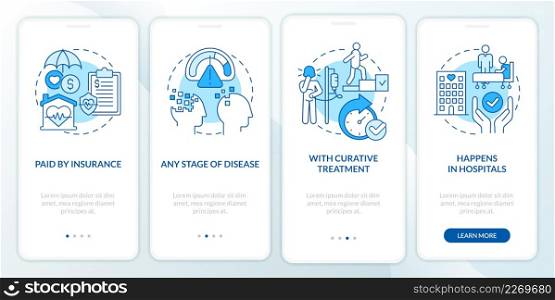 Palliative care characteristics blue onboarding mobile app screen. Help walkthrough 4 steps graphic instructions pages with linear concepts. UI, UX, GUI template. Myriad Pro-Bold, Regular fonts used. Palliative care characteristics blue onboarding mobile app screen