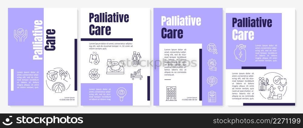 Palliative care purple brochure template. Healthcare support. Leaflet design with linear icons. 4 vector layouts for presentation, annual reports. Anton-Regular, Lato-Regular fonts used. Palliative care purple brochure template