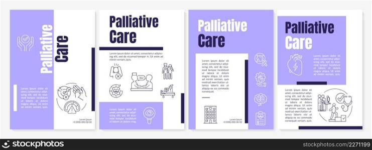 Palliative care purple brochure template. Healthcare support. Leaflet design with linear icons. 4 vector layouts for presentation, annual reports. Anton-Regular, Lato-Regular fonts used. Palliative care purple brochure template