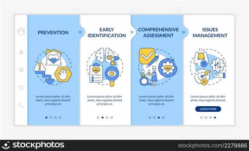 Palliative care stages blue and white onboarding template. Medical care. Responsive mobile website with linear concept icons. Web page walkthrough 4 step screens. Lato-Bold, Regular fonts used. Palliative care stages blue and white onboarding template