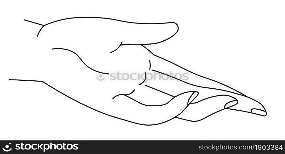 Palm and fingers giving or taking gesture, isolated line art drawing minimalist and simple depiction. Communication in nonverbal way, gestures and words explanation for disable. Vector in flat style. Hand giving or taking, line art palm and fingers