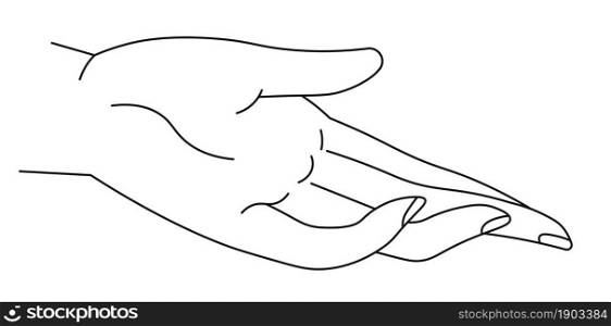 Palm and fingers giving or taking gesture, isolated line art drawing minimalist and simple depiction. Communication in nonverbal way, gestures and words explanation for disable. Vector in flat style. Hand giving or taking, line art palm and fingers