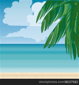 Palm beach horizon Tourism journey on the sea. Beach vacation. Vector illustration. Palm beach horizon Tourism journey sea.