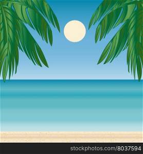 Palm beach horizon Tourism journey on the sea. Beach vacation. Vector illustration. Palm beach horizon Tourism journey sea