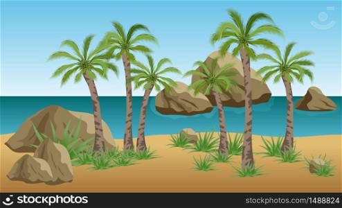 Palm beach landscape for scene background with tropical palms, bushes, rocks and sea. Vector illustration.