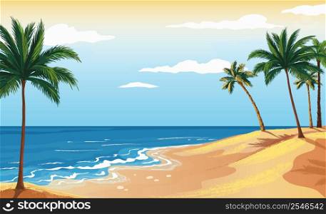 Palm beach. Sunny ocean paradise landscape with coconut tree. Seaside with yellow sand and blue sky, summer vacation horizontal background, travel panorama, tropical resort vector sea island scenic. Palm beach. Sunny ocean paradise landscape with coconut tree. Seaside with yellow sand, summer vacation horizontal background, travel panorama, tropical resort vector sea island scenic