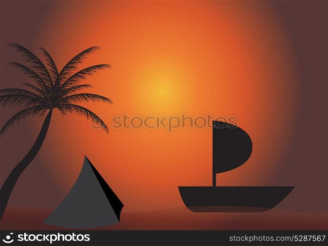 Palm, boat in the sunset. Vector illustration. EPS 10.
