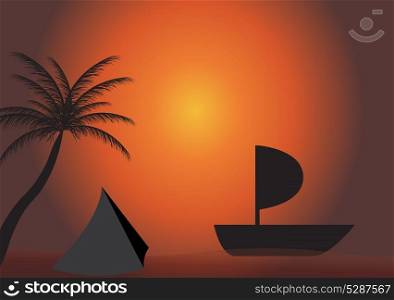 Palm, boat in the sunset. Vector illustration. EPS 10.