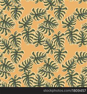 Palm foliage seamless pattern with green random monstera leaves shapes. Orange pastel background. Decorative backdrop for fabric design, textile print, wrapping, cover. Vector illustration.. Palm foliage seamless pattern with green random monstera leaves shapes. Orange pastel background.