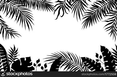 Palm leaves frame. Black silhouette of banana tree foliage. Exotic plant border. Rainforest greenery template. Tropical branches. Decorative contour floral framing with copy space. Vector jungle flora. Palm leaves frame. Black silhouette of banana tree foliage. Exotic plant border. Rainforest greenery. Tropical branches. Decorative contour floral framing with copy space. Vector jungle