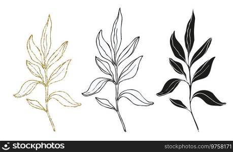 Palm leaves line art, silhouette and glitter simple hand drawn vector illustration set, isolate on white background.. Palm leaves line art, silhouette and glitter simple hand drawn vector illustration set, isolate on white background