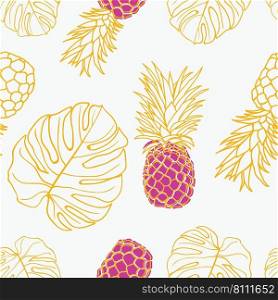 Palm leaves, monstera, pineapple seamless pattern background. Exotic jungle wrapping paper. Beautiful print with hand-drawn exotic plants. Summer design for fashion, print, textile and fabric.