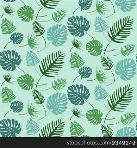 Palm leaves on green background, seamless pattern, vector. Green palm leaves on a green background.