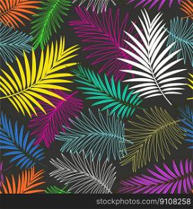Palm leaves pattern. Tropical seamless colorful pattern.  Bright summer colors. Suitable for fabrics, packaging and covers. Dark background. Vector design.