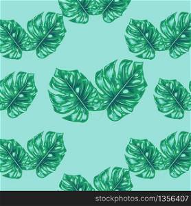 Palm Monstera Seamless Pattern. Blue Black Tropical Summer Background. Beach Jungle Leaves for Swimwear Design.. Palm Monstera Seamless Pattern. Blue Black Tropical Summer Background.