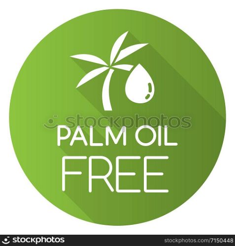 Palm oil free green flat design long shadow glyph icon. Organic food without saturated fats. Product free ingredient. Nutritious dietary, healthy eating habits. Vector silhouette illustration