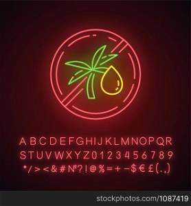 Palm oil free neon light icon. Food without saturated fats. Product free ingredient. Meals for personal healthcare. Glowing sign with alphabet, numbers and symbols. Vector isolated illustration