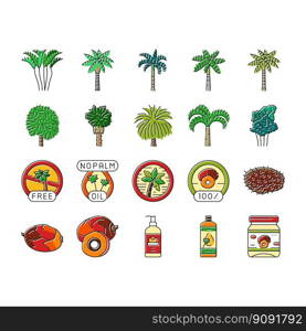 palm oil tree leaf plant icons set vector. summer white coconut, green nature, beach exotic, branch forest, tropical foliage palm oil tree leaf plant color line illustrations. palm oil tree leaf plant icons set vector