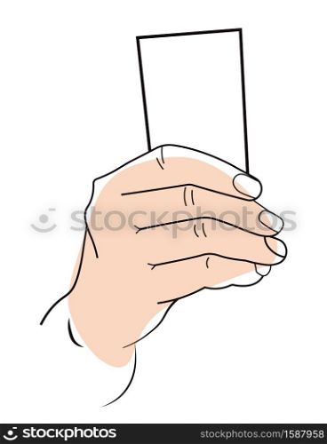 Palm position, hand holding object mockup or paper piece isolated icon vector. Finger and nail, gesture, human limb and item template. Body part, hold and touch or give blank sheet or card, anatomy. Hand holding card or paper sheet, object mockup and human body part