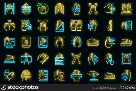 Palm scanning icons set outline vector. Biometric signature. Social palm scanning. Palm scanning icons set vector neon