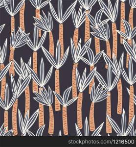 Palm seamless pattern in doodle style on black background. Endless print texture. Cute exotic hawaiian background. Design for fabric, textile print, wrapping paper. Vector illustration. Palm seamless pattern in doodle style on black background. Endless print texture.