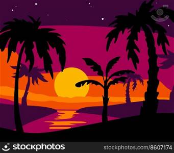 Palm silhouettes background. Beach tropical trees, sea evening, black plants, summer sunset, different leaves shapes, vacation on exotic island, summertime beautiful landscape, swanky vector concept. Palm silhouettes background. Beach tropical trees, sea evening, black plants, summer sunset, different leaves shapes, vacation on exotic island, summertime landscape, swanky vector concept