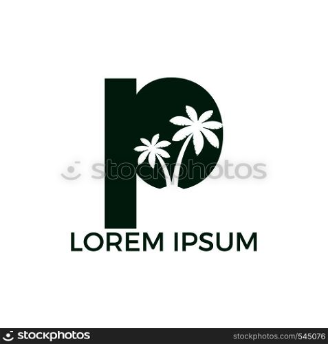 Palm tree and letter P vector logo design. Travel and beach sign logo concept.