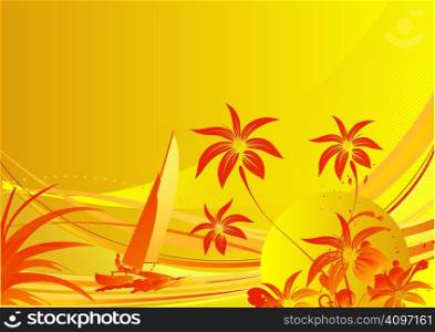Palm tree and plants against the sun and the yacht floating on waves